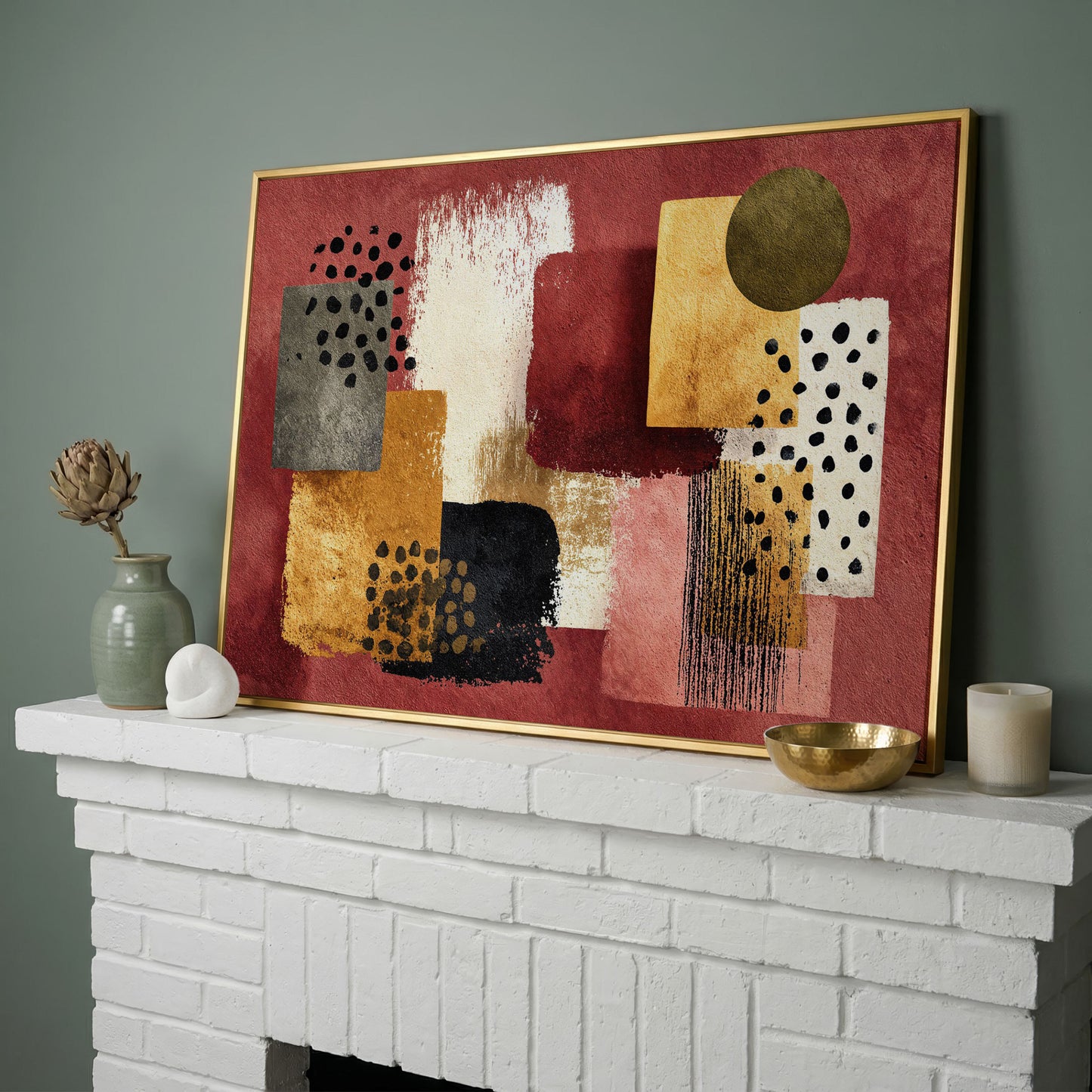 Terracotta Geometric Abstract Canvas Art, Earth Tone Wall Art in yellow gold floating frame