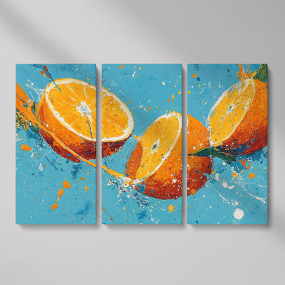 Sliced Oranges Juice Splash Canvas Art, Kitchen Wall Art as 3-panel split version