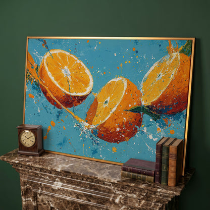 Sliced Oranges Juice Splash Canvas Art, Kitchen Wall Art in antique gold floating frame