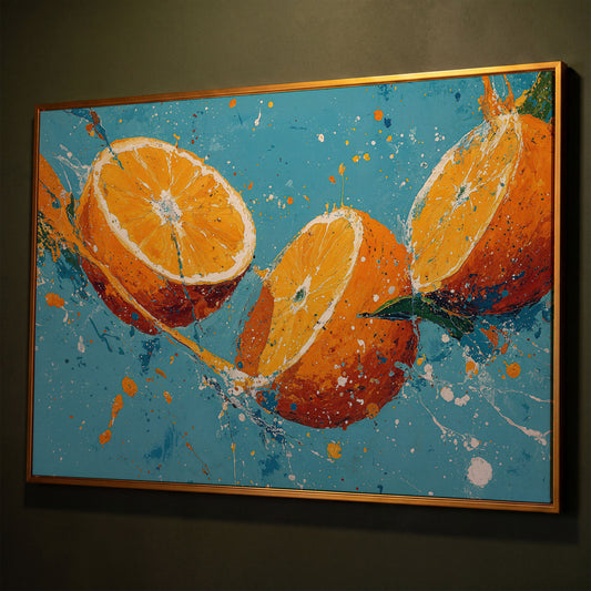Sliced Oranges Juice Splash Canvas Art, Kitchen Wall Art shown in antique gold floating frame