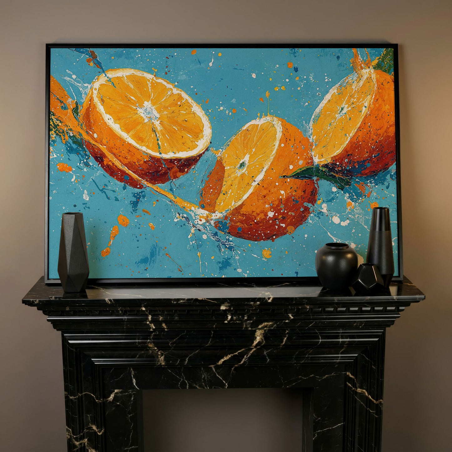 Sliced Oranges Juice Splash Canvas Art, Kitchen Wall Art in black floating frame