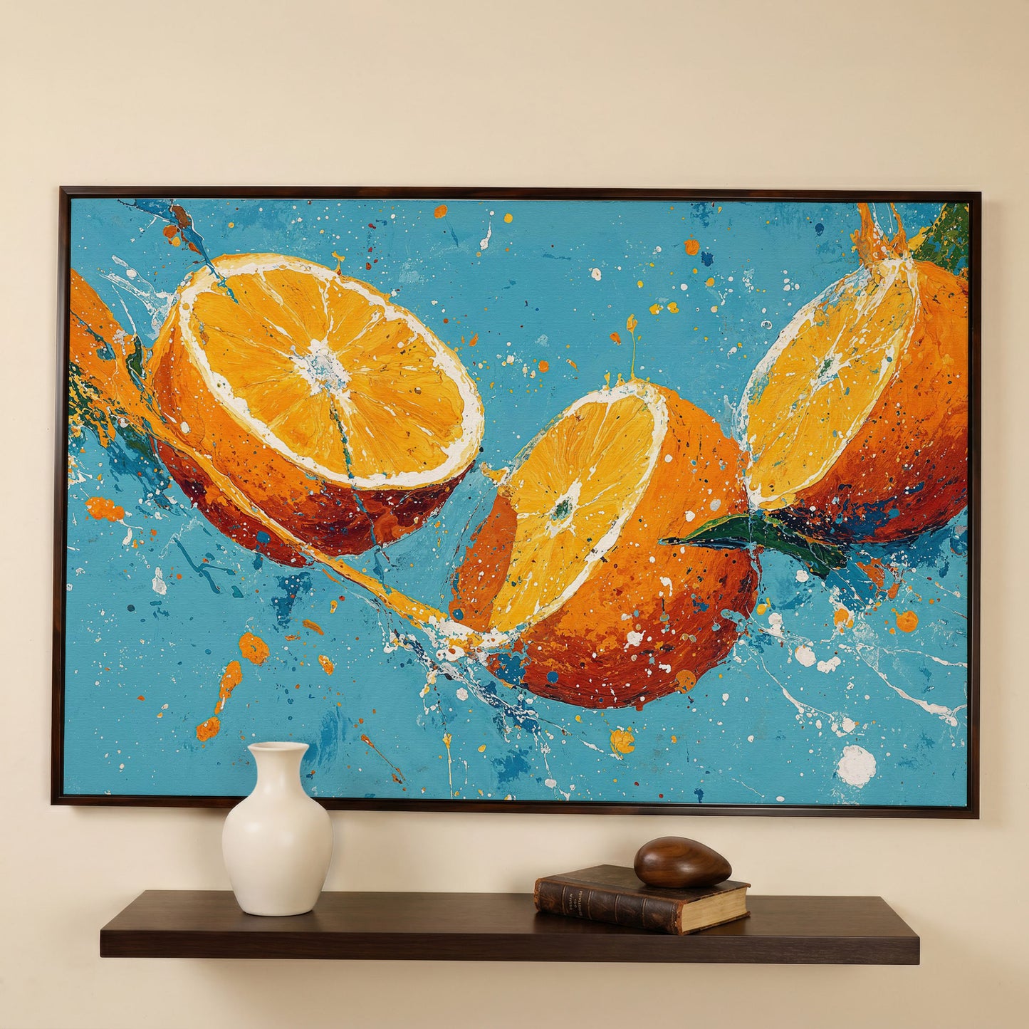 Sliced Oranges Juice Splash Canvas Art, Kitchen Wall Art in dark walnut floating frame
