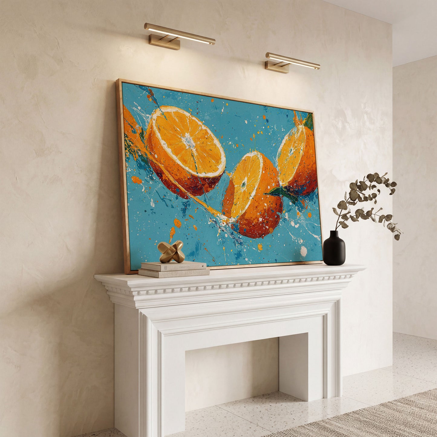 Sliced Oranges Juice Splash Canvas Art, Kitchen Wall Art in white oak floating frame