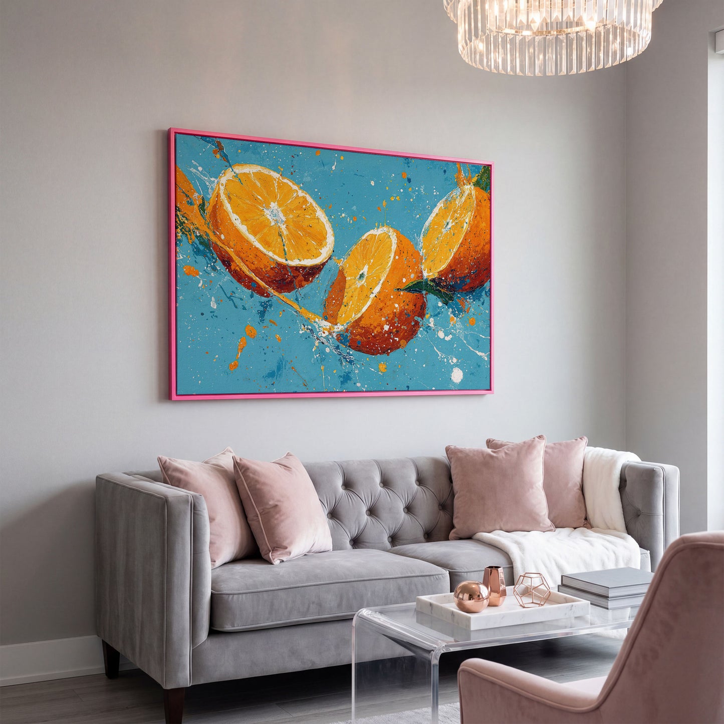 Sliced Oranges Juice Splash Canvas Art, Kitchen Wall Art in pink floating frame