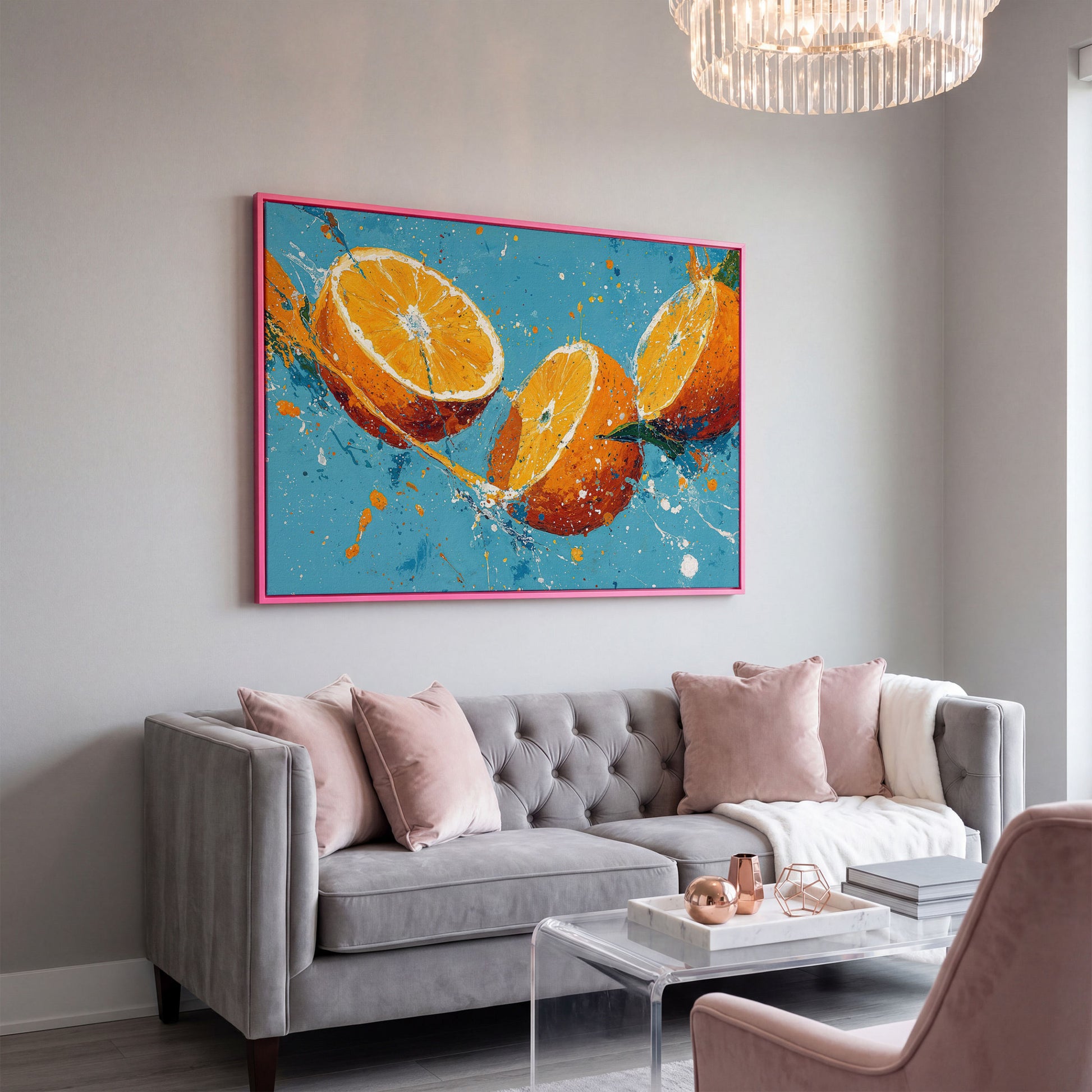 Sliced Oranges Juice Splash Canvas Art, Kitchen Wall Art in pink floating frame