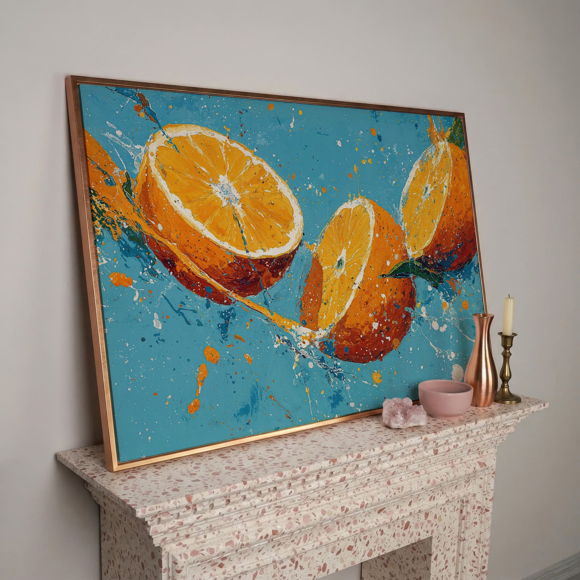 Sliced Oranges Juice Splash Canvas Art, Kitchen Wall Art in rose gold floating frame