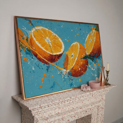 Sliced Oranges Juice Splash Canvas Art, Kitchen Wall Art in rose gold floating frame