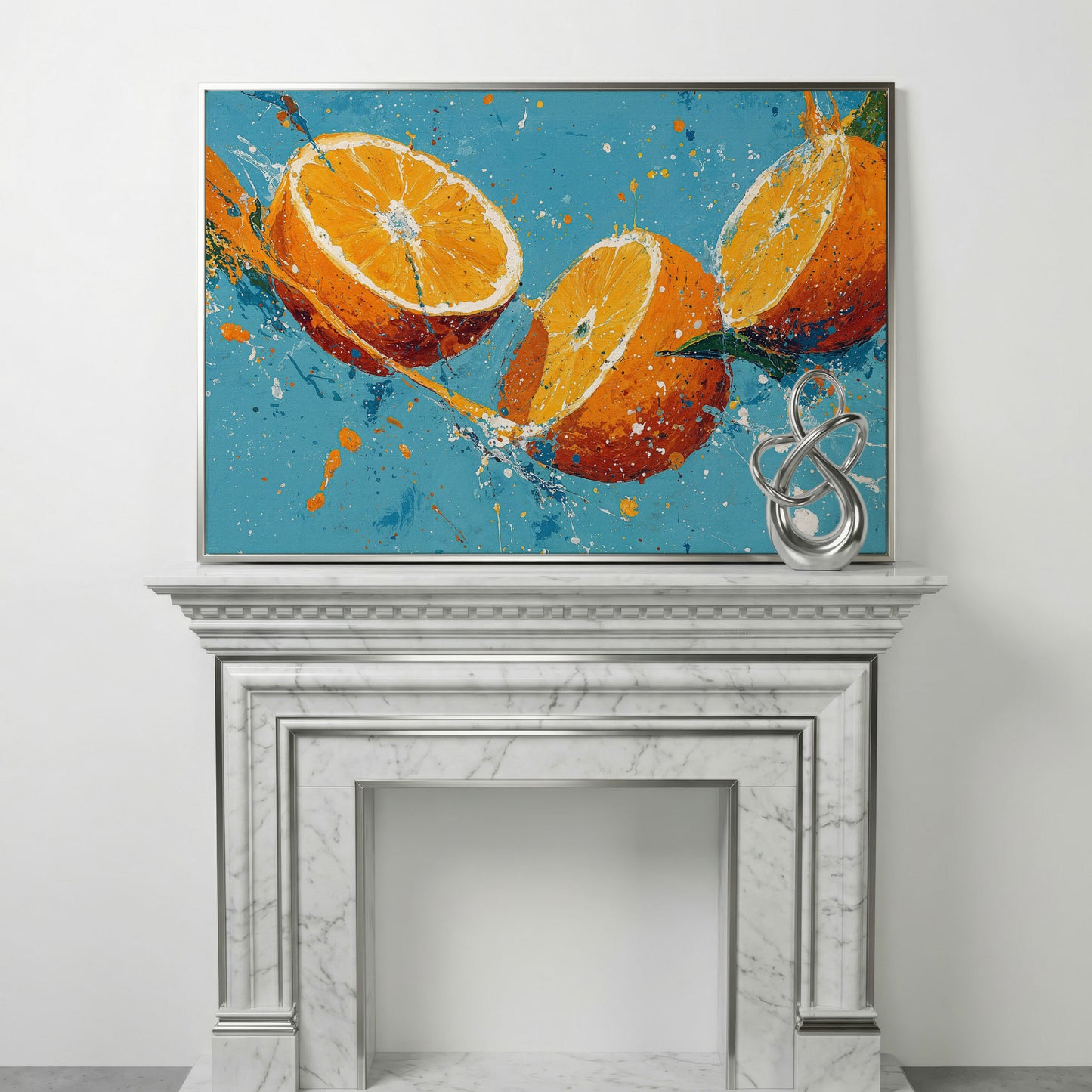 Sliced Oranges Juice Splash Canvas Art, Kitchen Wall Art in silver floating frame