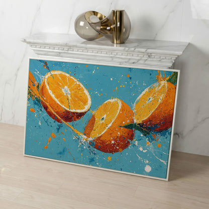 Sliced Oranges Juice Splash Canvas Art, Kitchen Wall Art in white floating frame
