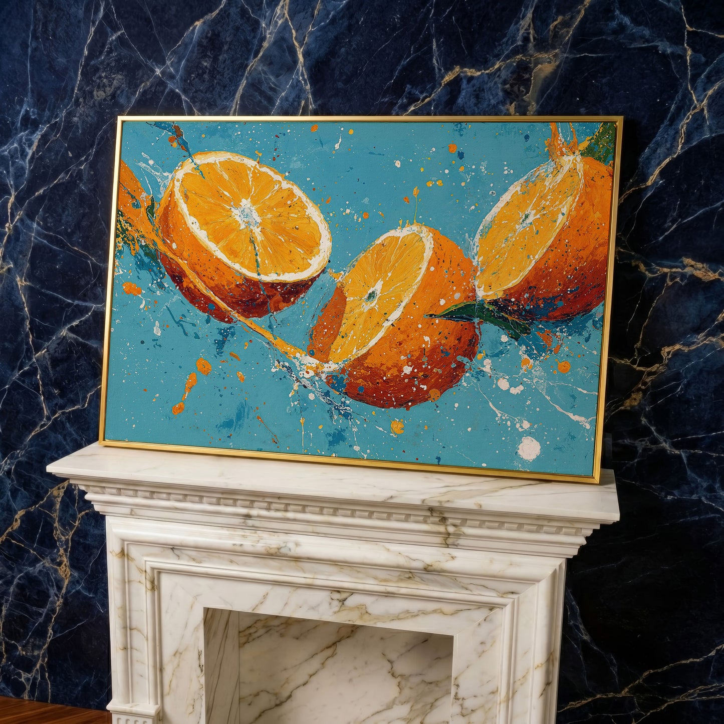 Sliced Oranges Juice Splash Canvas Art, Kitchen Wall Art in yellow gold floating frame