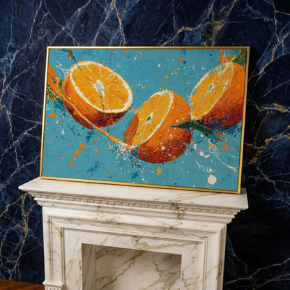 Sliced Oranges Juice Splash Canvas Art, Kitchen Wall Art in yellow gold floating frame