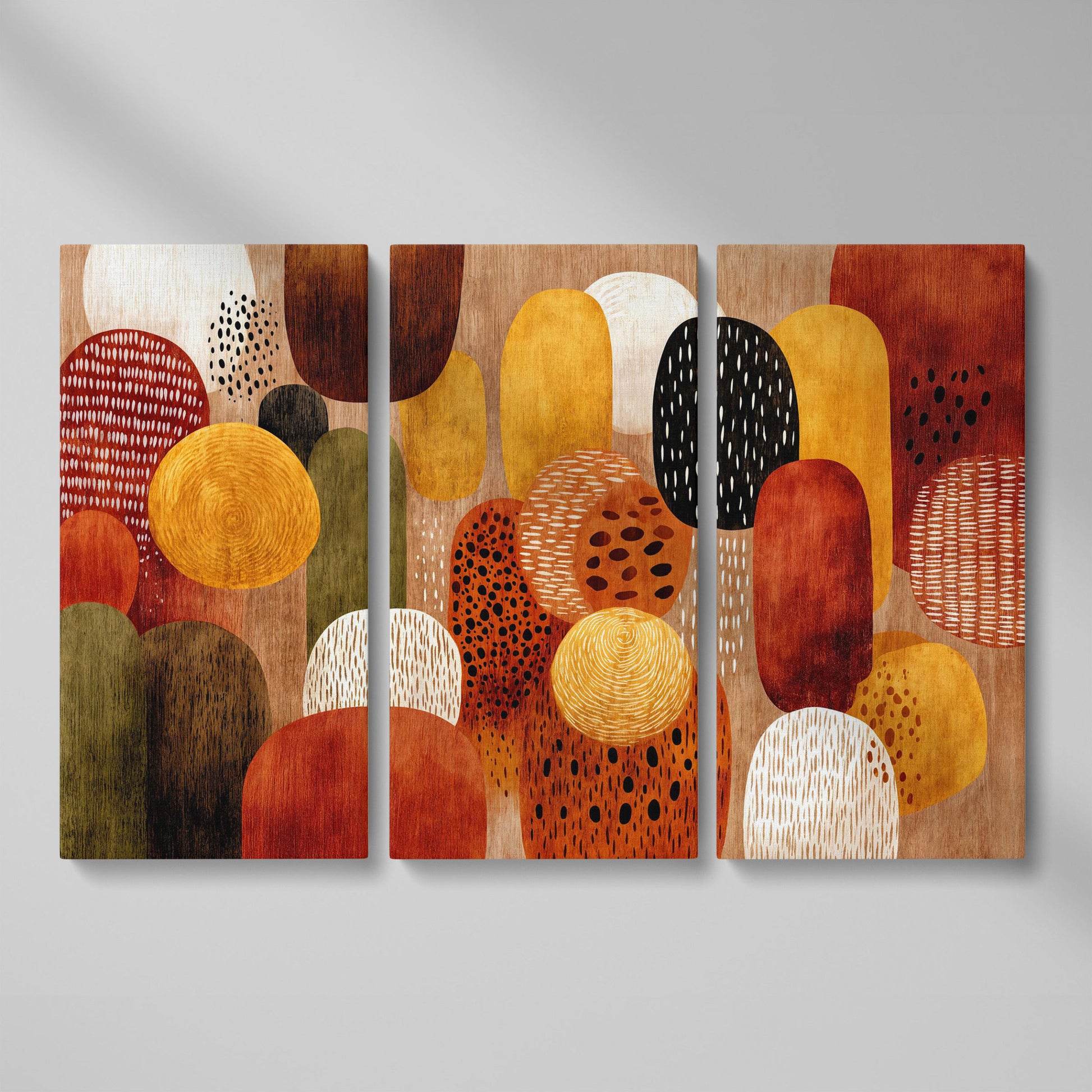 Terracotta and Olive Abstract Shapes Canvas Wall Art as 3-panel split version