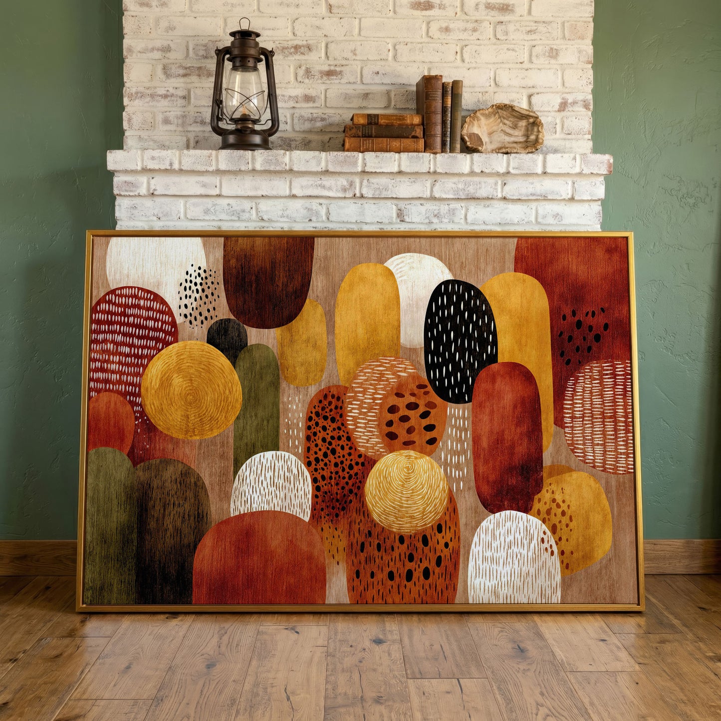 Terracotta and Olive Abstract Shapes Canvas Wall Art in antique gold floating frame