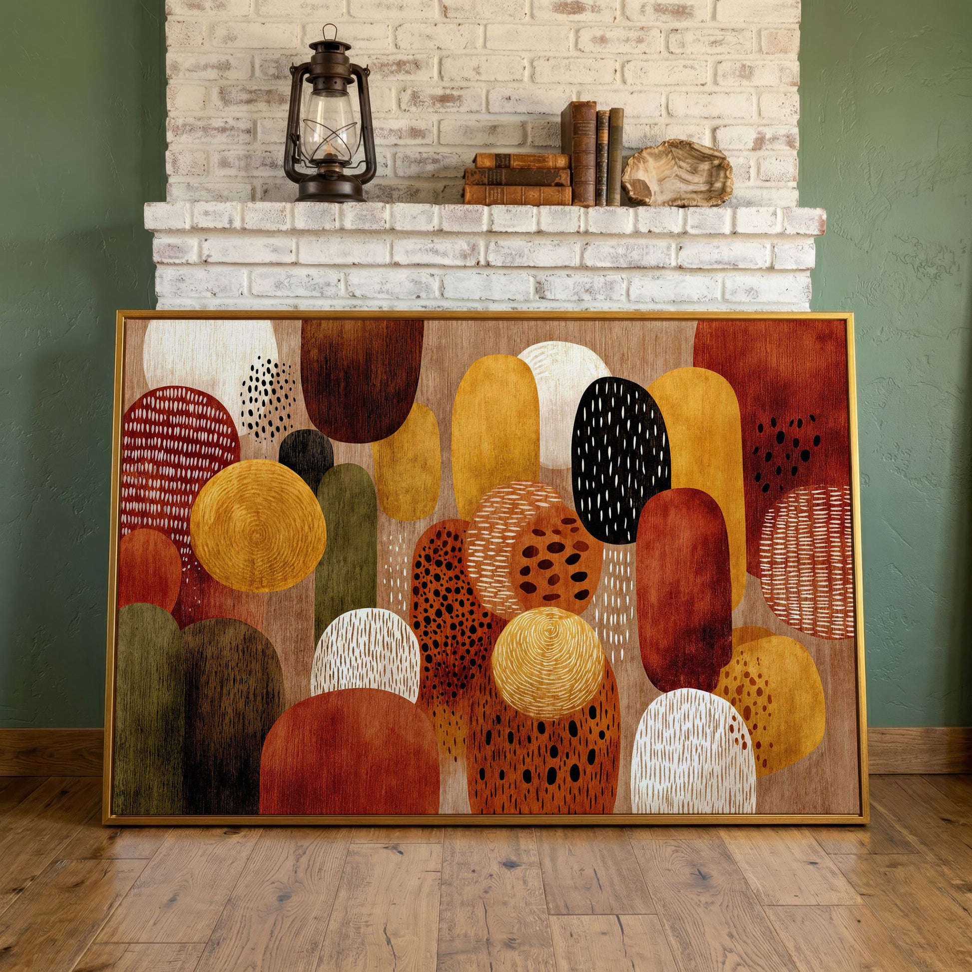 Terracotta and Olive Abstract Shapes Canvas Wall Art in antique gold floating frame