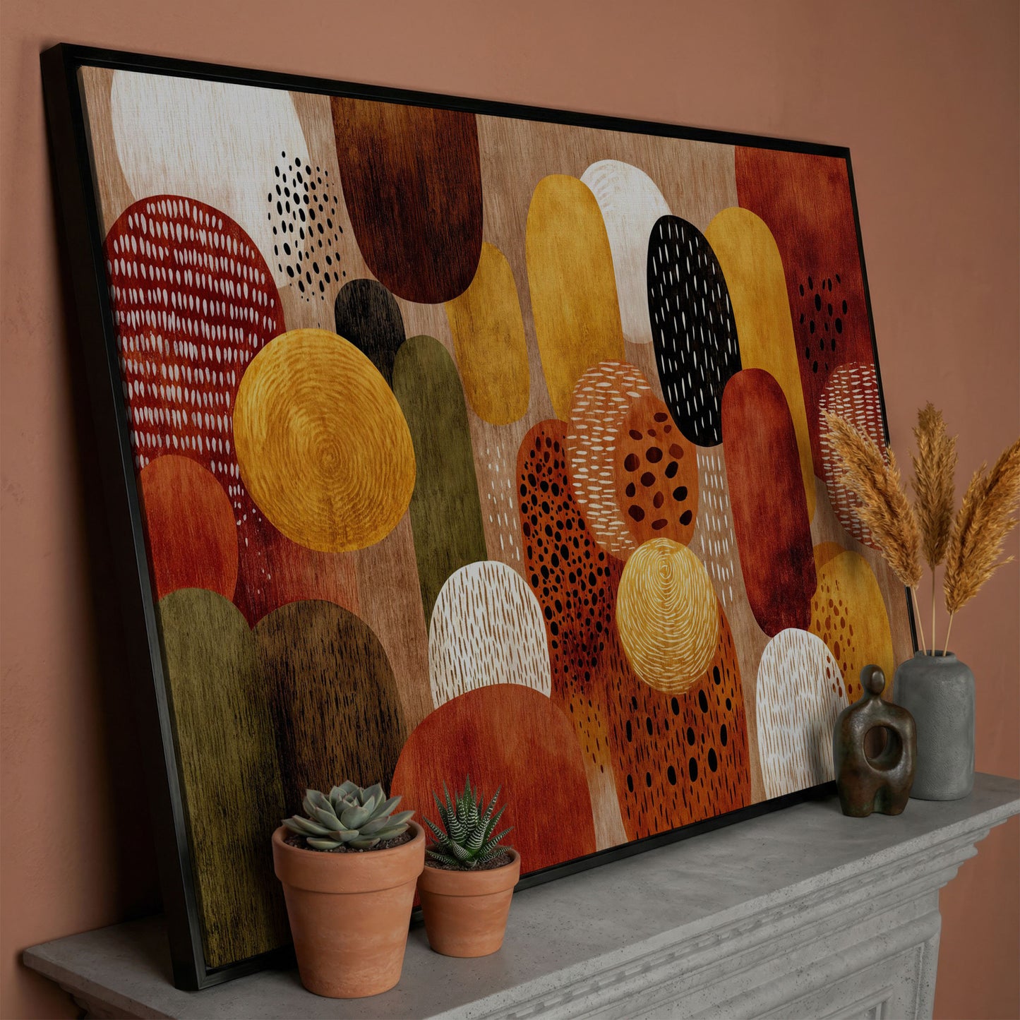 Terracotta and Olive Abstract Shapes Canvas Wall Art in black floating frame