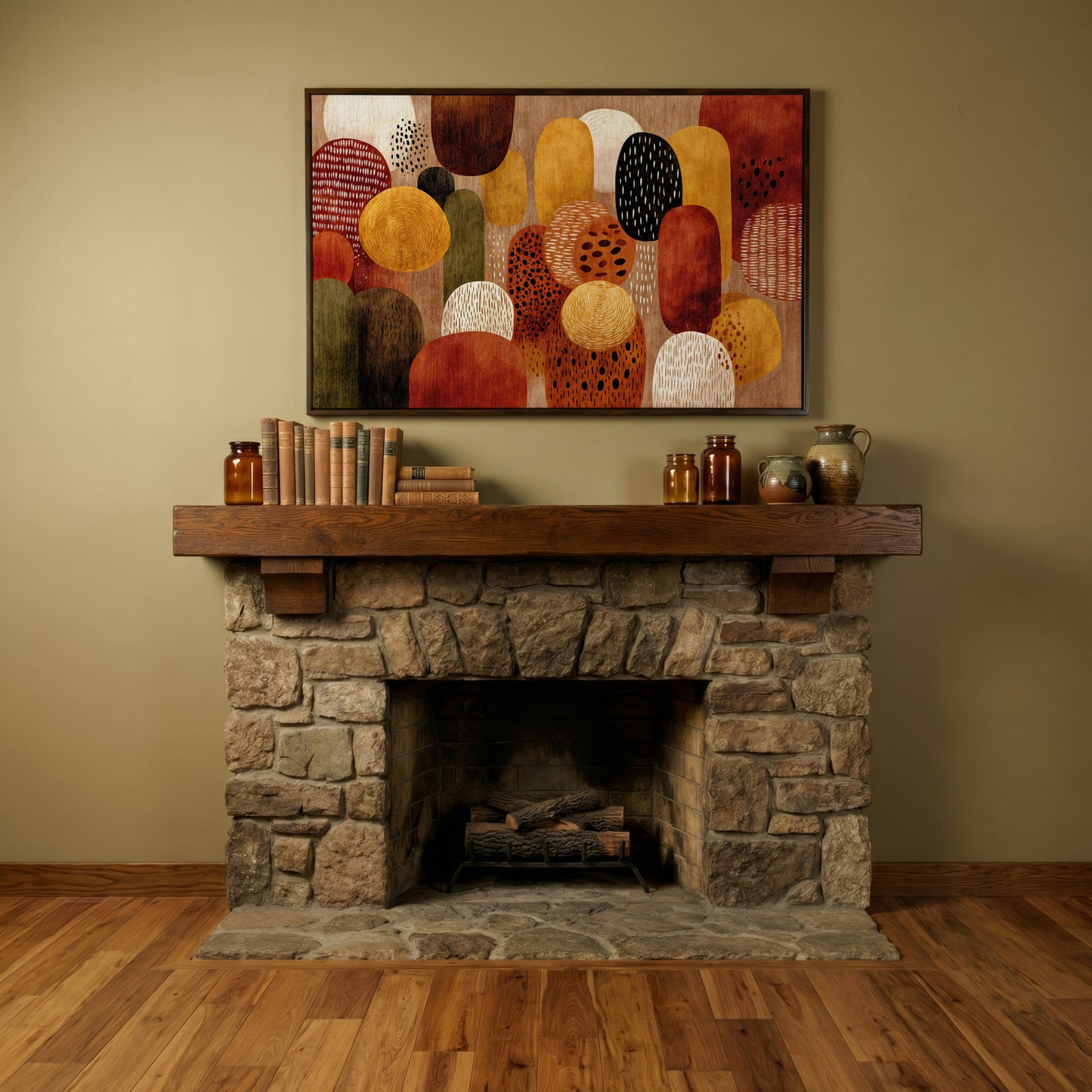 Terracotta and Olive Abstract Shapes Canvas Wall Art in dark walnut floating frame