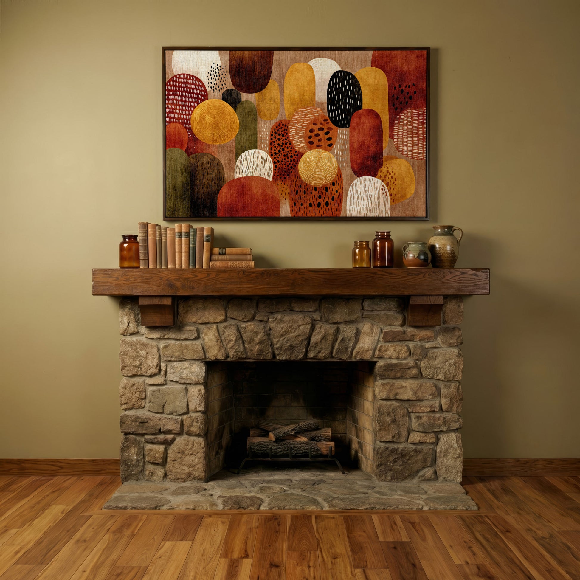 Terracotta and Olive Abstract Shapes Canvas Wall Art in dark walnut floating frame