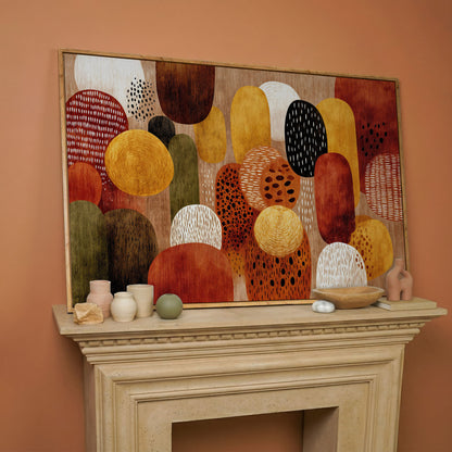 Terracotta and Olive Abstract Shapes Canvas Wall Art in white oak floating frame