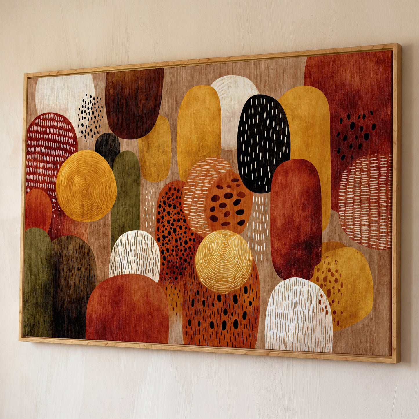 Terracotta and Olive Abstract Shapes Canvas Wall Art shown in white oak floating frame