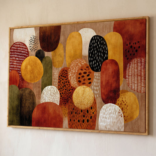 Terracotta and Olive Abstract Shapes Canvas Wall Art shown in white oak floating frame