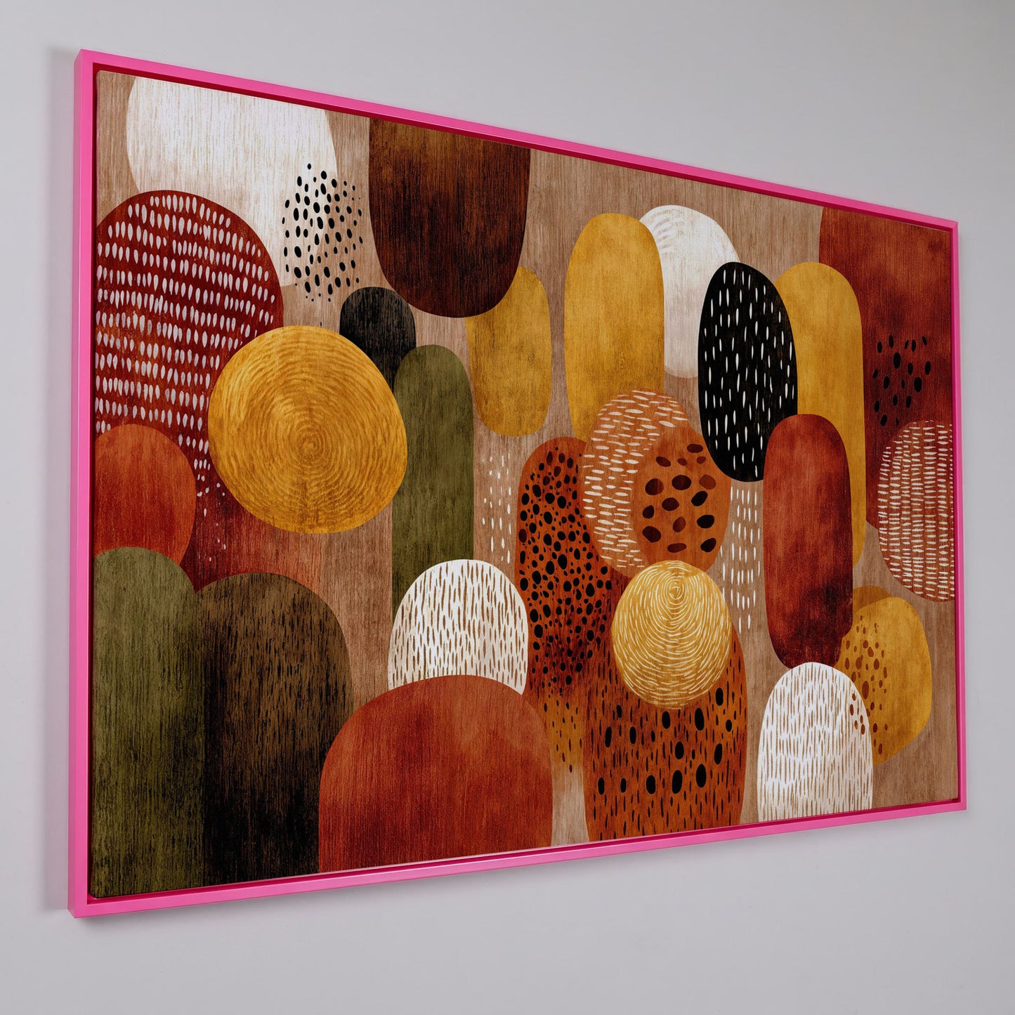 Terracotta and Olive Abstract Shapes Canvas Wall Art in pink floating frame