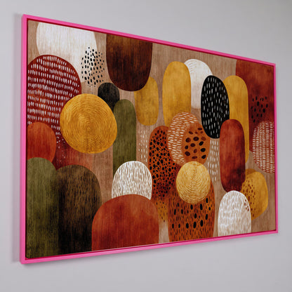 Terracotta and Olive Abstract Shapes Canvas Wall Art in pink floating frame