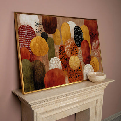 Terracotta and Olive Abstract Shapes Canvas Wall Art in rose gold floating frame