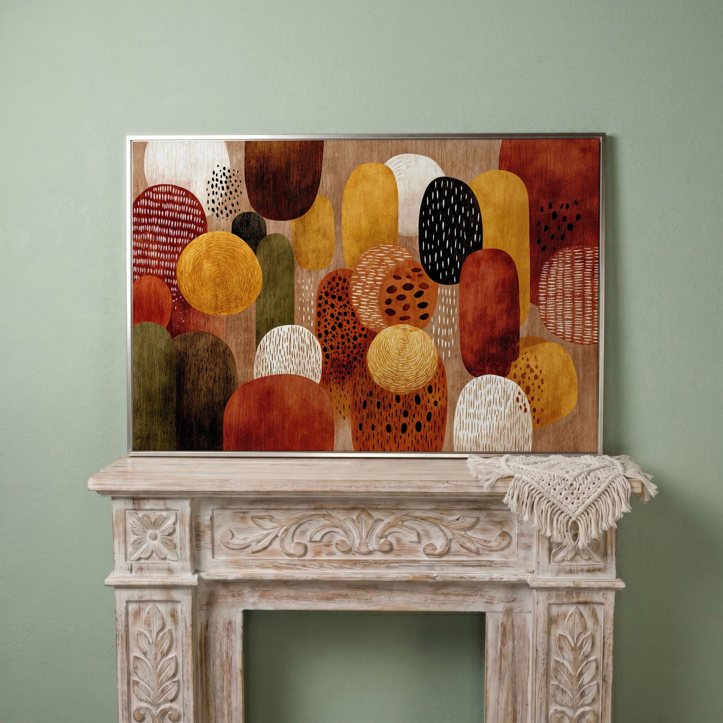 Terracotta and Olive Abstract Shapes Canvas Wall Art in silver floating frame