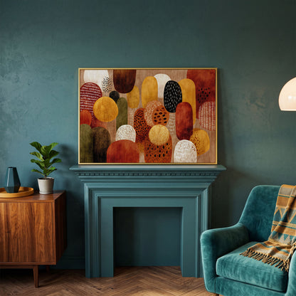 Terracotta and Olive Abstract Shapes Canvas Wall Art in yellow gold floating frame