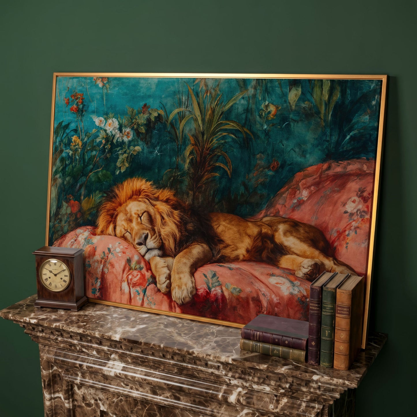 Sleeping Lion on Floral Couch Canvas Art, Jungle Botanical Print in antique gold floating frame