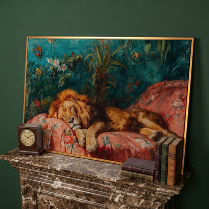 Sleeping Lion on Floral Couch Canvas Art, Jungle Botanical Print in antique gold floating frame