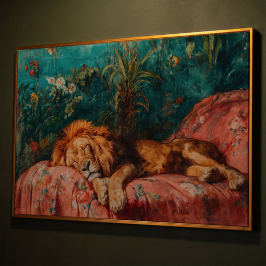 Sleeping Lion on Floral Couch Canvas Art, Jungle Botanical Print shown in antique gold floating frame