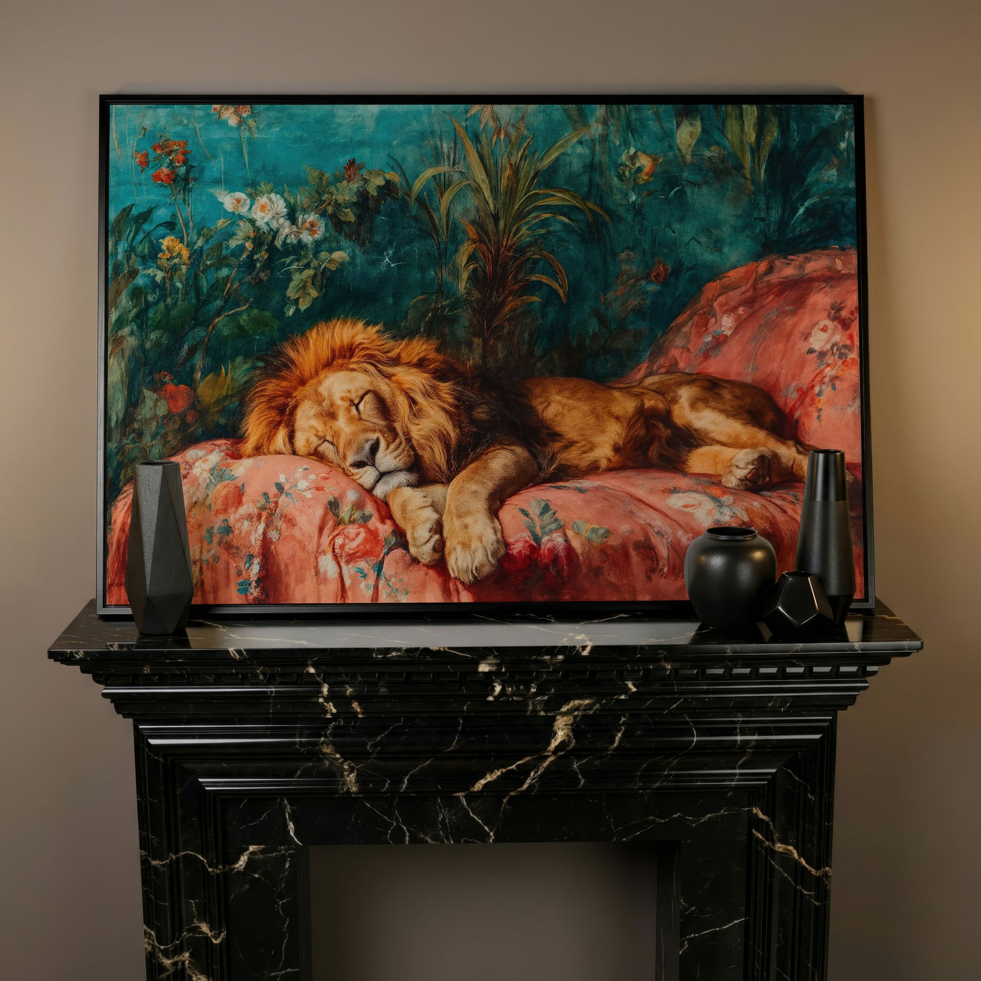 Sleeping Lion on Floral Couch Canvas Art, Jungle Botanical Print in black floating frame
