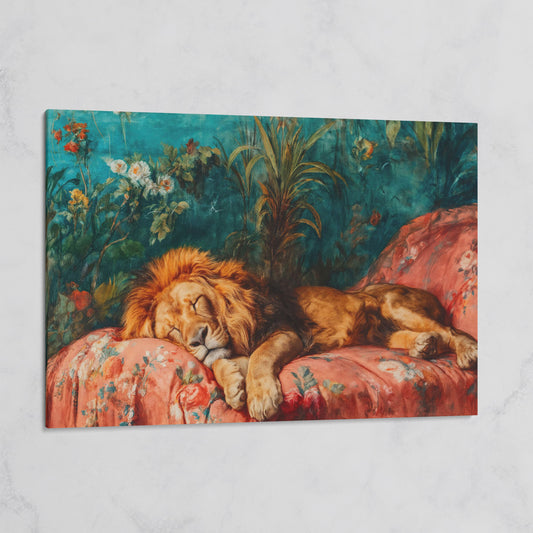 Sleeping Lion on Floral Couch Canvas Art, Jungle Botanical Print on gallery wrap