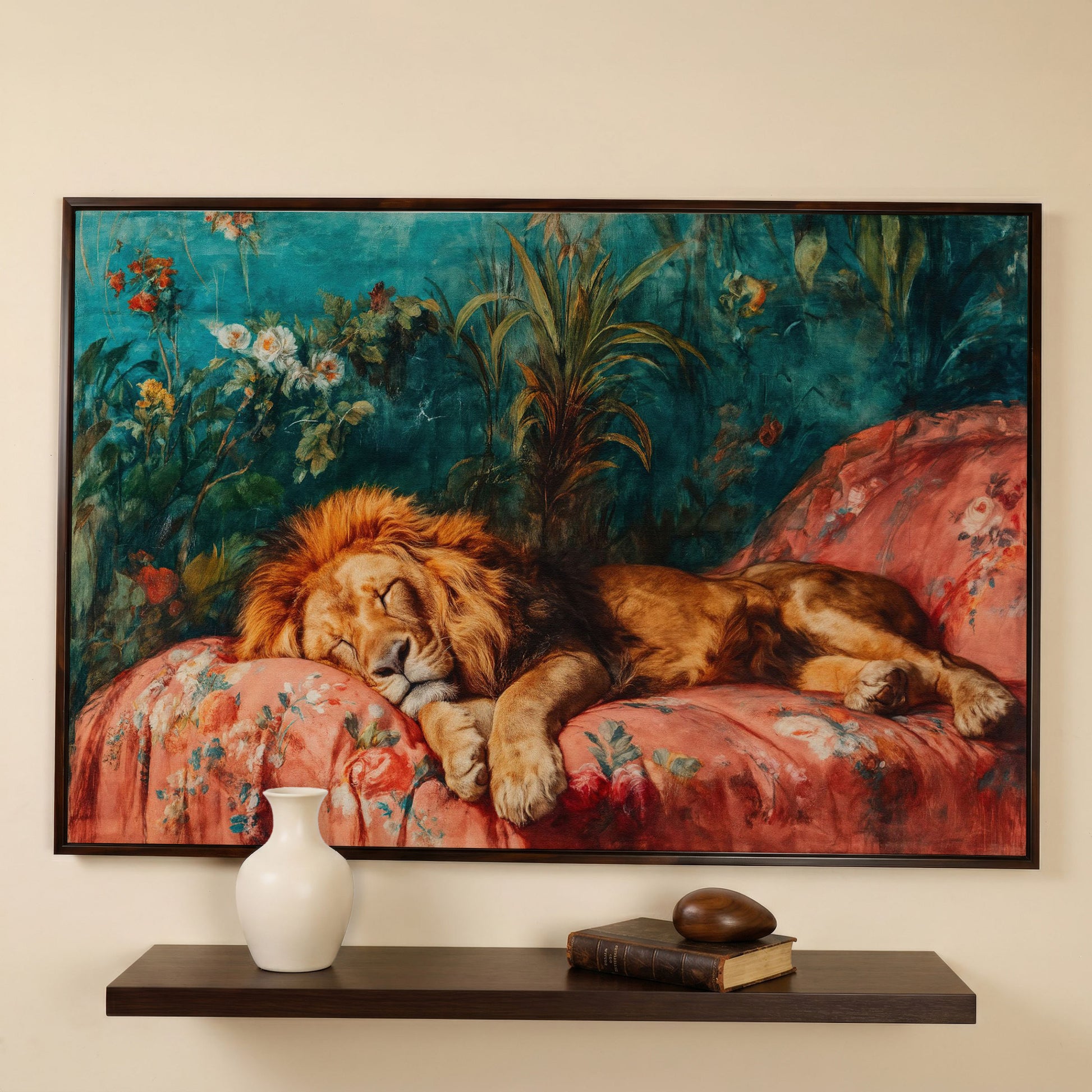 Sleeping Lion on Floral Couch Canvas Art, Jungle Botanical Print in dark walnut floating frame