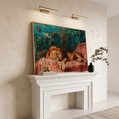 Sleeping Lion on Floral Couch Canvas Art, Jungle Botanical Print in white oak floating frame