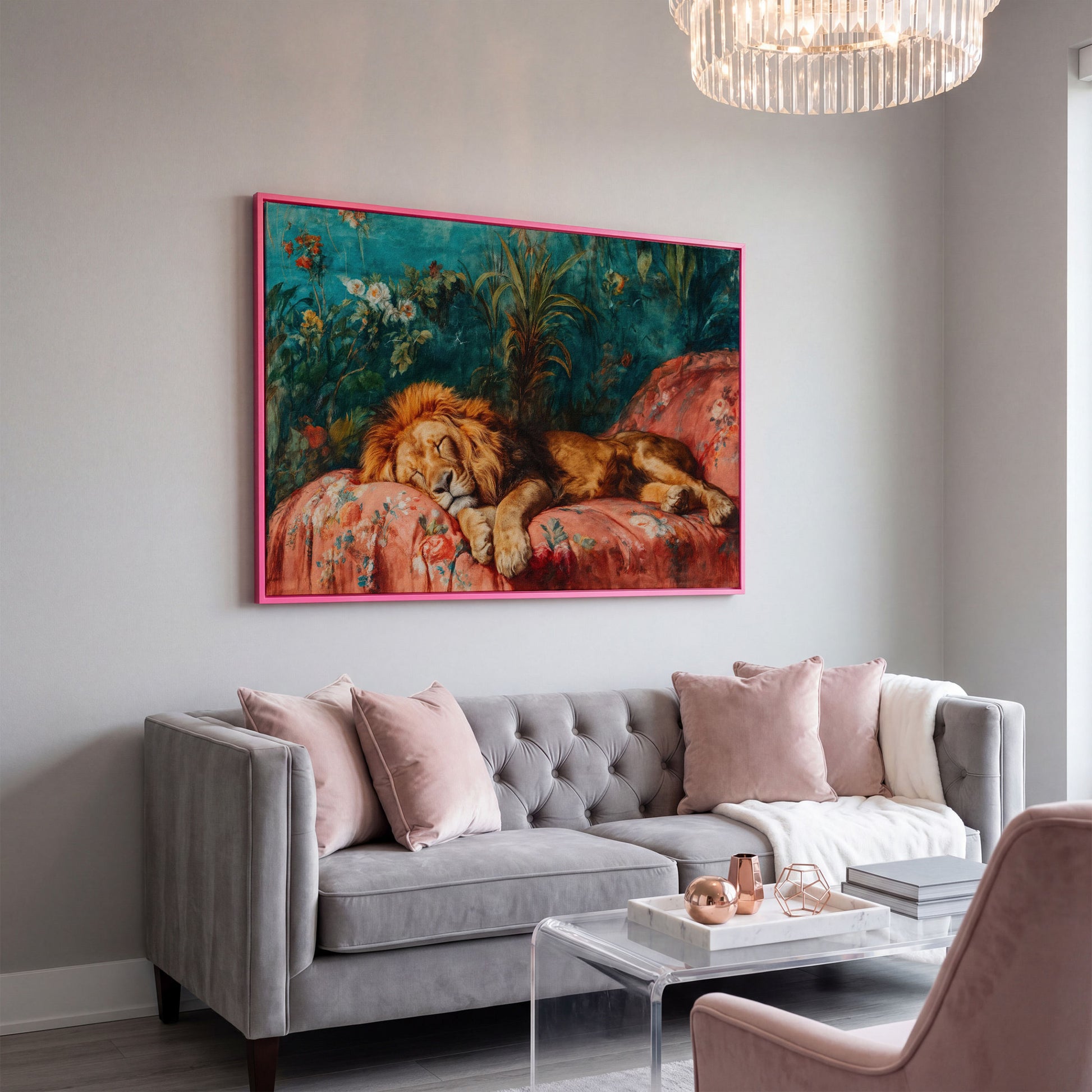 Sleeping Lion on Floral Couch Canvas Art, Jungle Botanical Print in pink floating frame