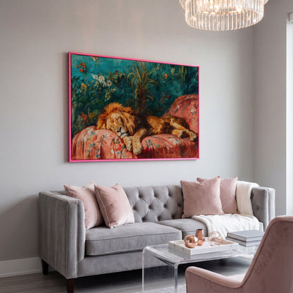 Sleeping Lion on Floral Couch Canvas Art, Jungle Botanical Print in pink floating frame
