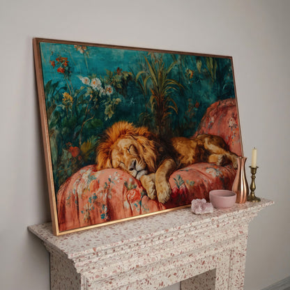Sleeping Lion on Floral Couch Canvas Art, Jungle Botanical Print in rose gold floating frame