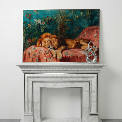 Sleeping Lion on Floral Couch Canvas Art, Jungle Botanical Print in silver floating frame