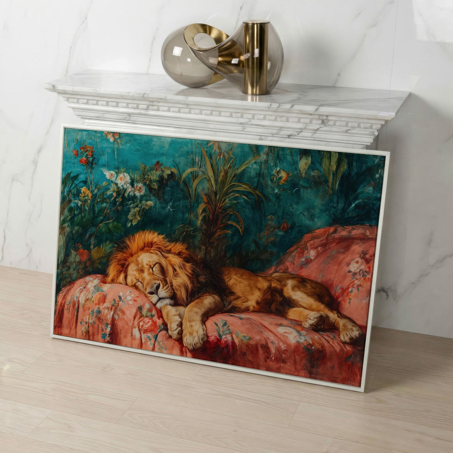 Sleeping Lion on Floral Couch Canvas Art, Jungle Botanical Print in white floating frame