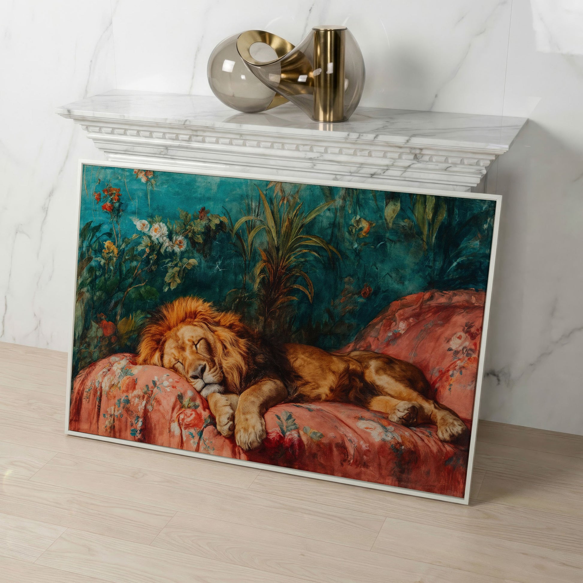 Sleeping Lion on Floral Couch Canvas Art, Jungle Botanical Print in white floating frame