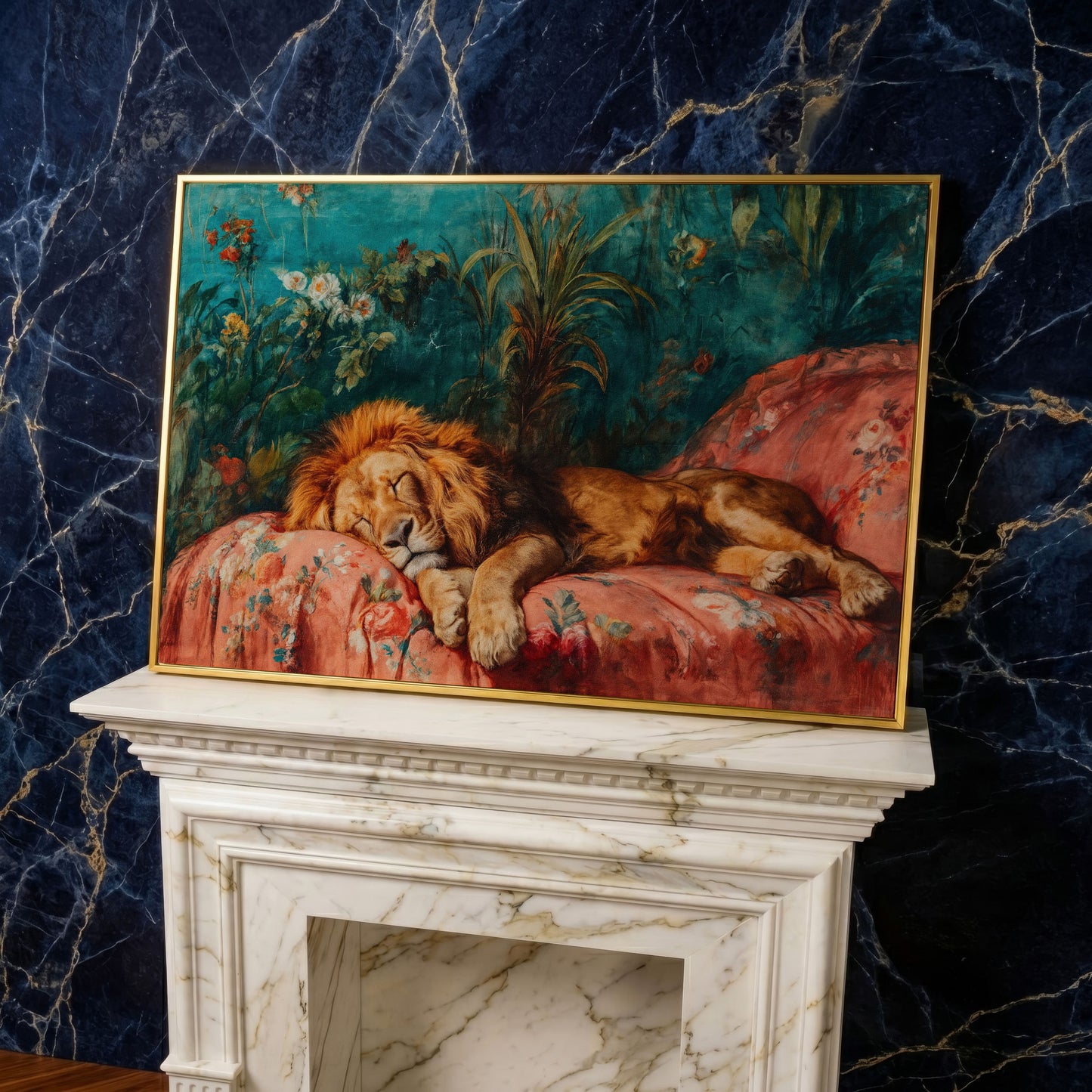 Sleeping Lion on Floral Couch Canvas Art, Jungle Botanical Print in yellow gold floating frame