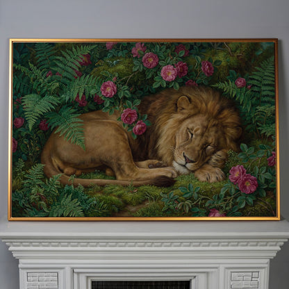 Sleeping Lion in Pink Roses and Foliage. Canvas Wall Art in antique gold floating frame