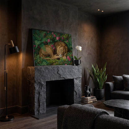 Sleeping Lion in Pink Roses and Foliage. Canvas Wall Art in black floating frame