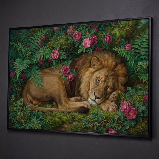 Sleeping Lion in Pink Roses and Foliage. Canvas Wall Art shown in black floating frame