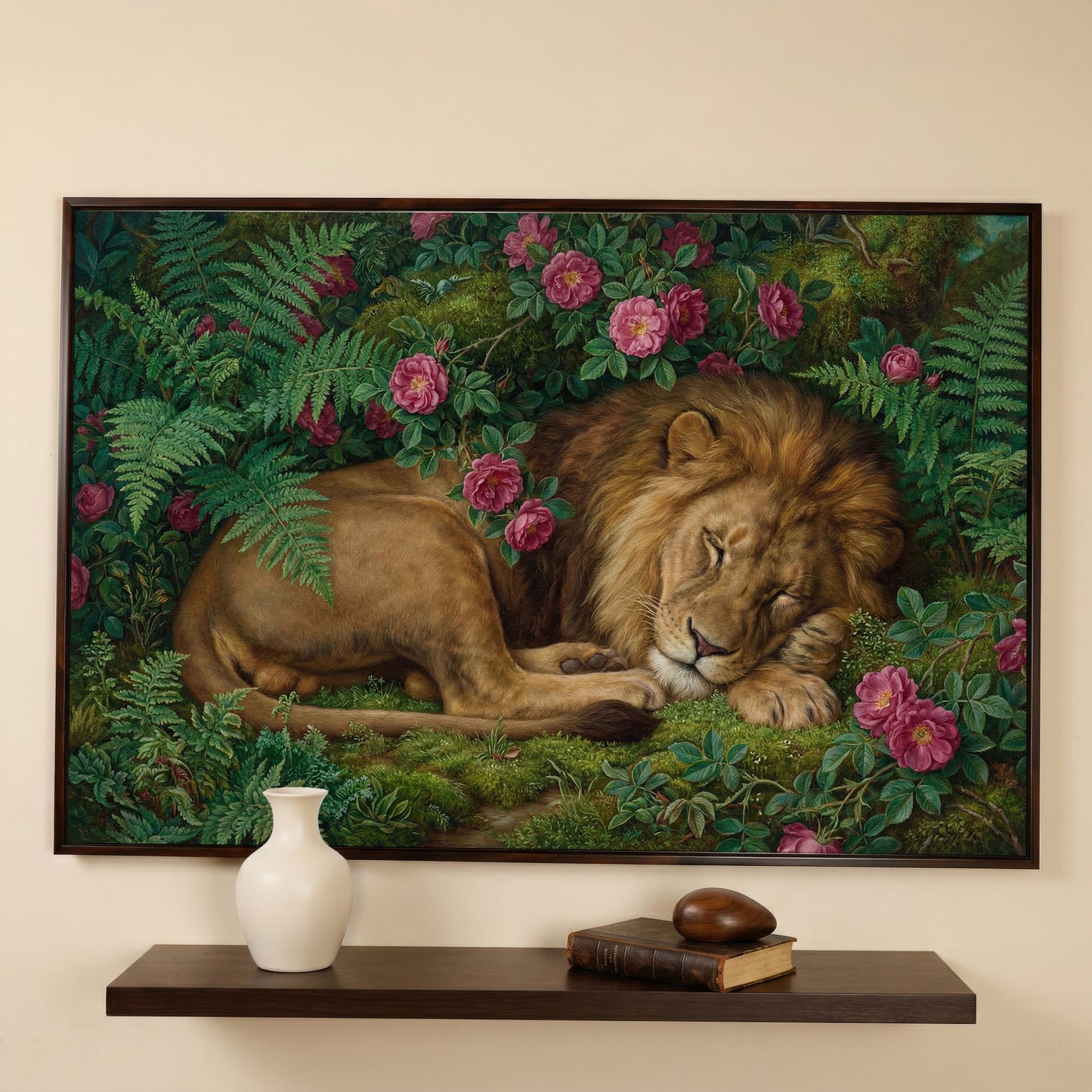 Sleeping Lion in Pink Roses and Foliage. Canvas Wall Art in dark walnut floating frame