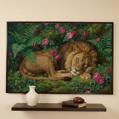 Sleeping Lion in Pink Roses and Foliage. Canvas Wall Art in dark walnut floating frame