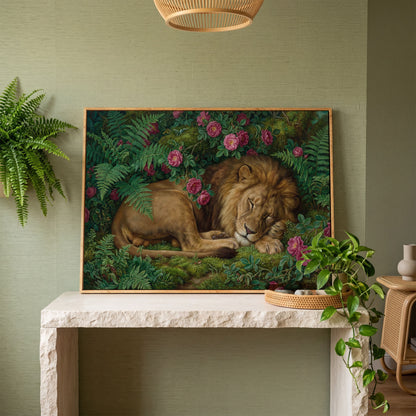 Sleeping Lion in Pink Roses and Foliage. Canvas Wall Art in white oak floating frame