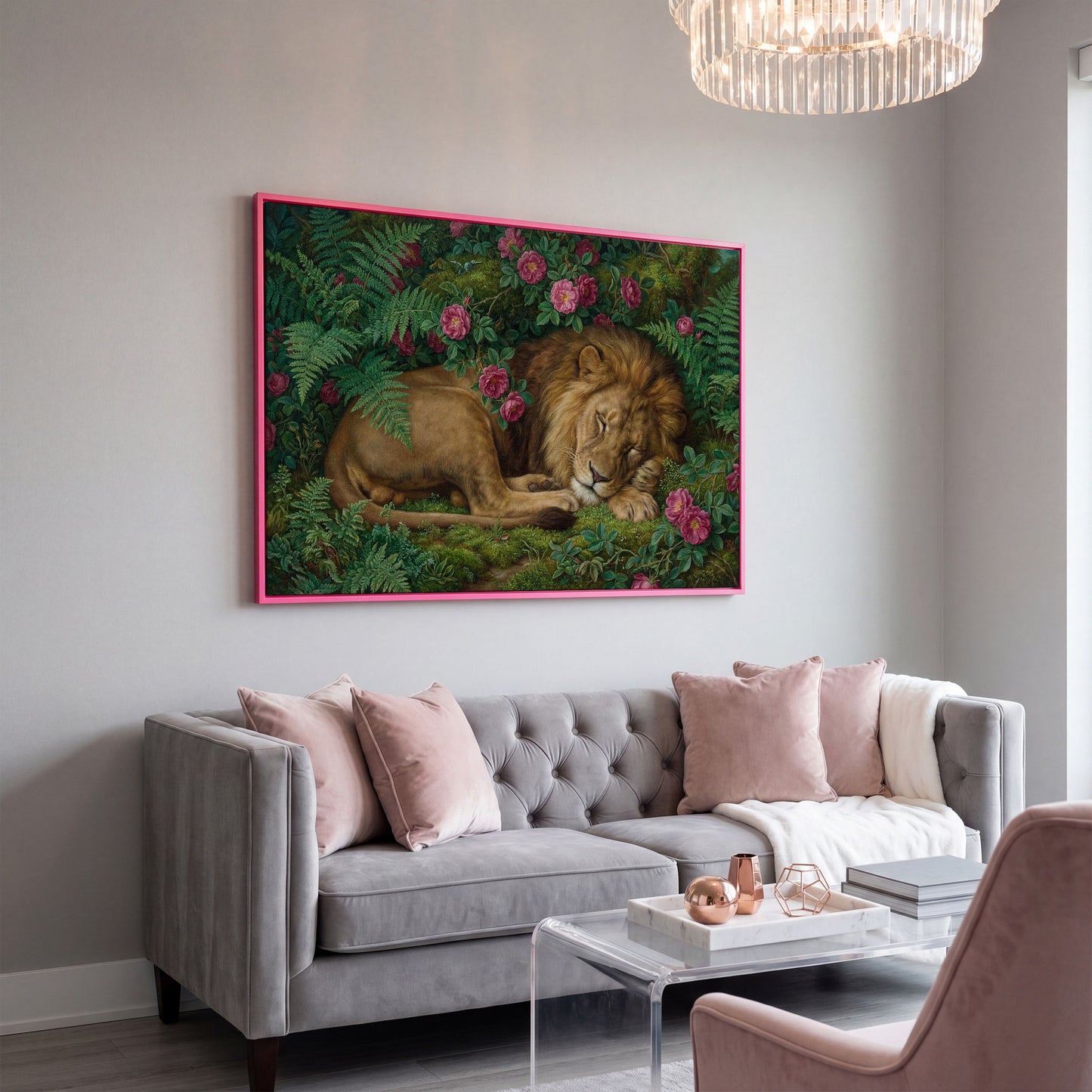 Sleeping Lion in Pink Roses and Foliage. Canvas Wall Art in pink floating frame